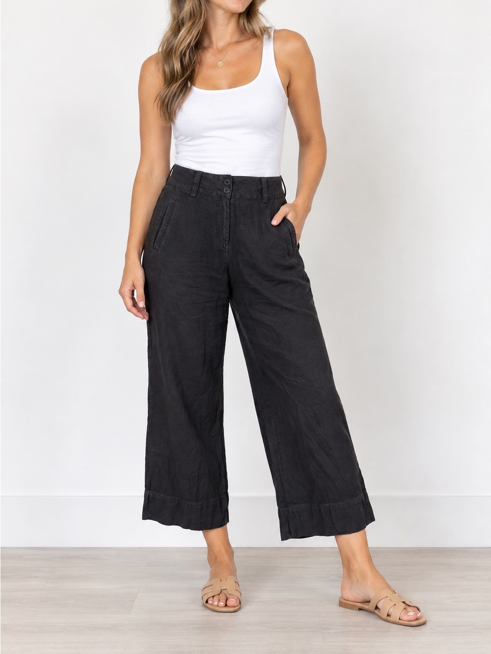 Poetry Womens Linen Wide Leg Cropped Charcoal Black Trouser Pants, Size Medium